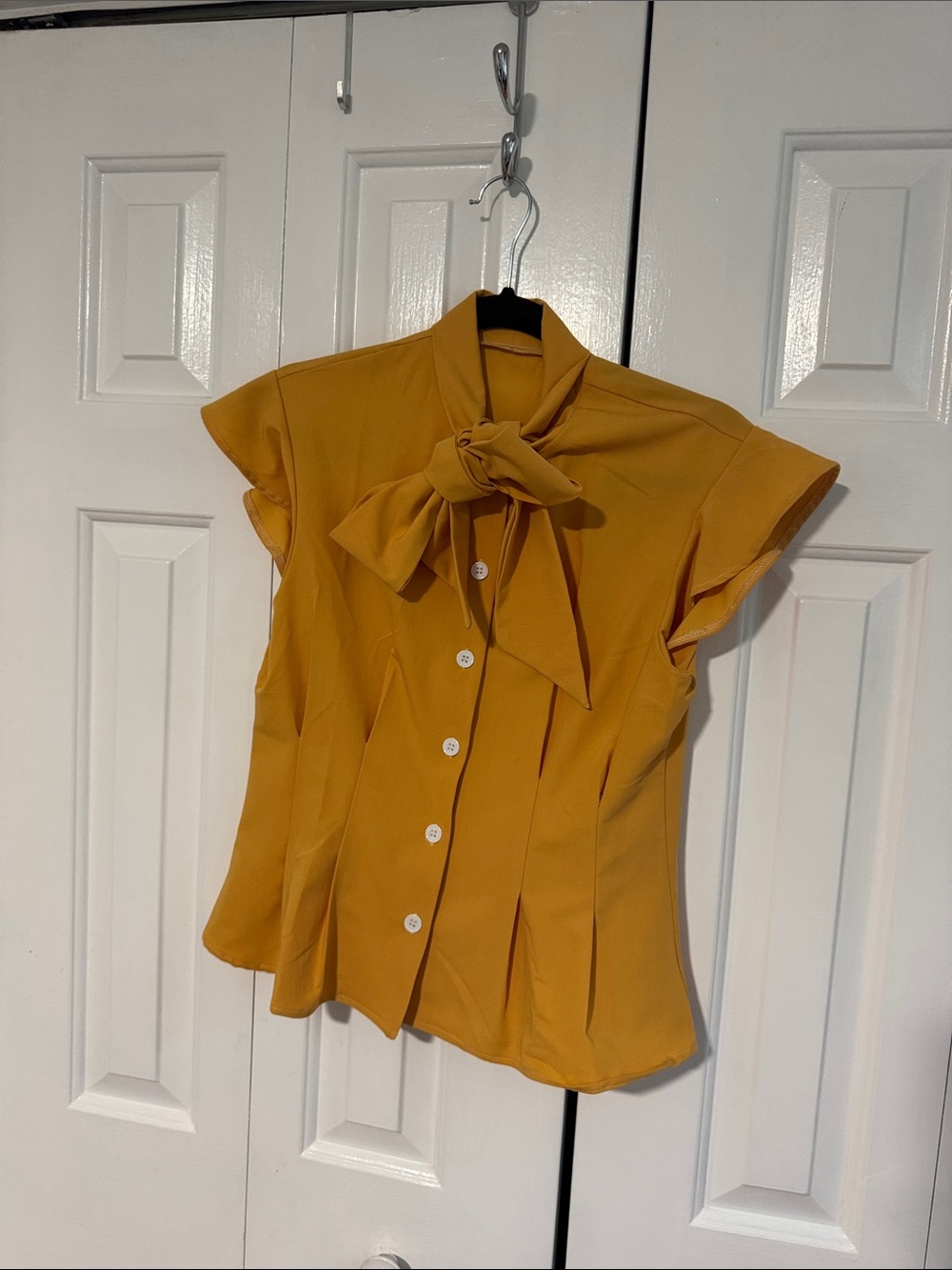 Women’s Mustard Tie-Neck Cap Sleeve Blouse
